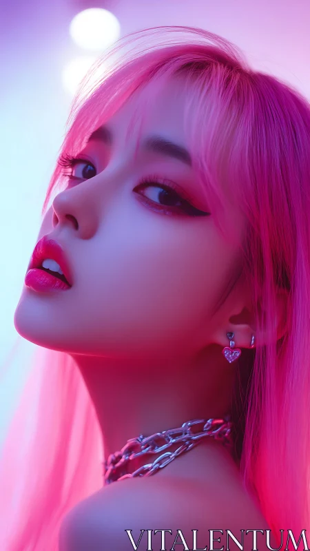 Neon magenta portrait under synthetic bokeh keylighting.