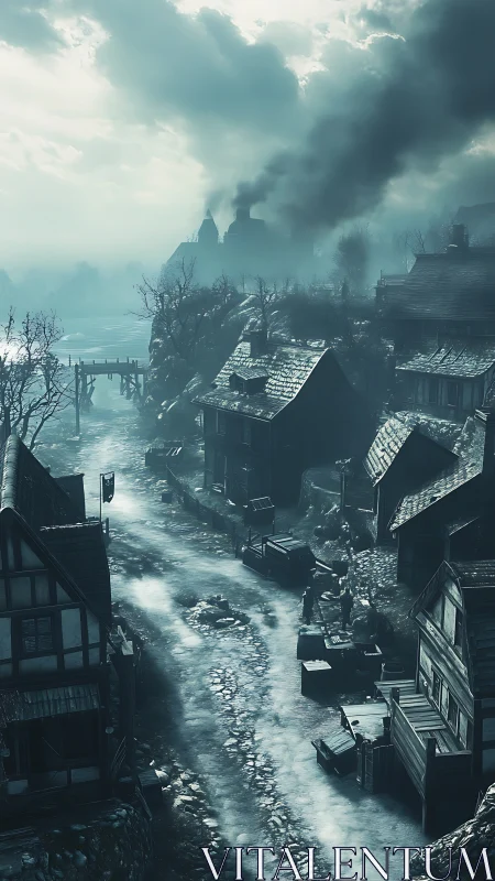 Snowy medieval village street recedes toward smoking factory