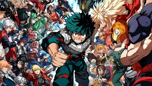 Shonen anime heroes charge forward in crowded action scene