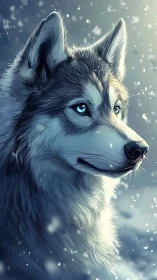 Blue eyed wolf portrait in falling winter snowstorm scene.