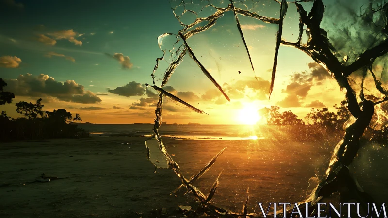 Sunset portal shattering open over a quiet golden shore.