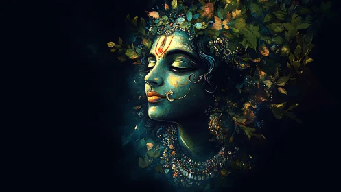 Forest-touched goddess exhales constellations of jeweled leaves