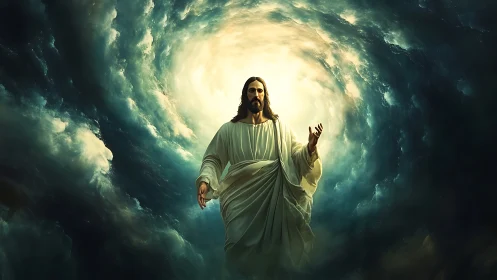 Radiant robed savior emerging through swirling heavenlight.