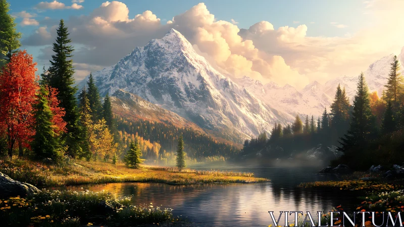 Snow-covered mountain above calm river in autumn forest.