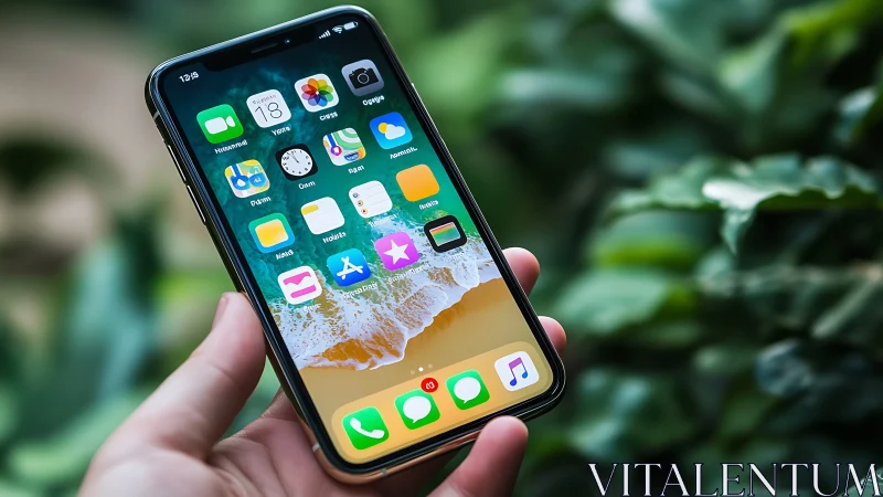 iOS Smartphone Home Screen Display Against Verdant Garden Background.