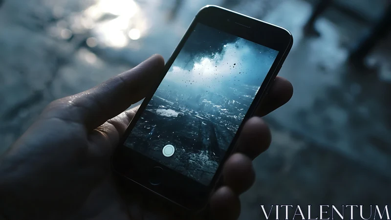 Smartphone camera captures stormy blue urban reflection.