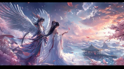 Digital painting of celestial lovers above sakura clouds.