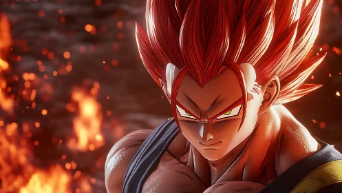 Fierce anime warrior glares ahead amid blazing inferno