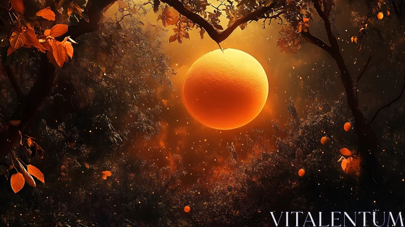 Glowing orange moon drifts gently above a twilight orchard