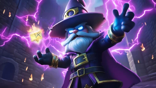 Purple robed wizard casting lightning in stone corridor.