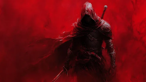 Red cloaked assassin emerging from abstract crimson void.