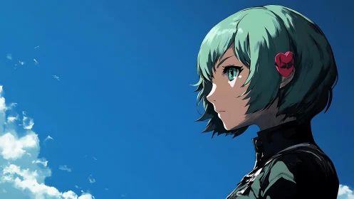 Emerald haired girl studies horizon under intense blue sky.