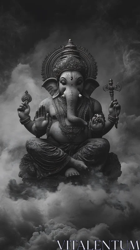 Monochrome Ganesha statue seated amid dense swirling clouds.