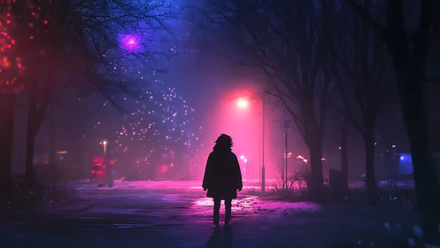 Solitary figure on neon lit winter street at night.