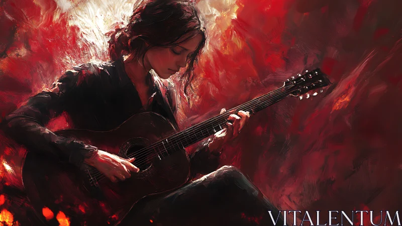 Woman playing acoustic guitar in vivid red brushstrokes.