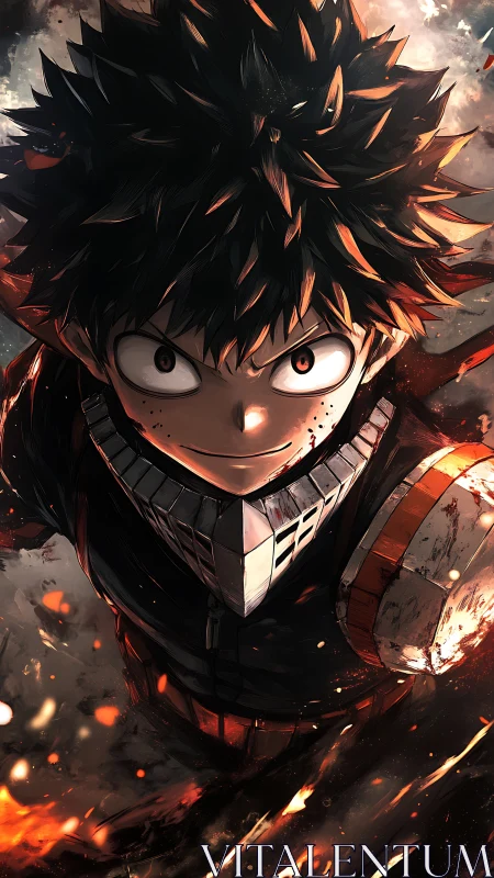 Intense anime hero ascending through swirling embers.