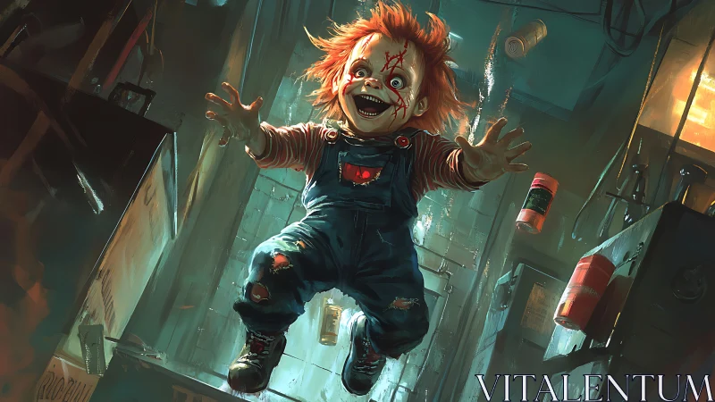 Laughing horror doll dives through neon-lit warehouse chaos