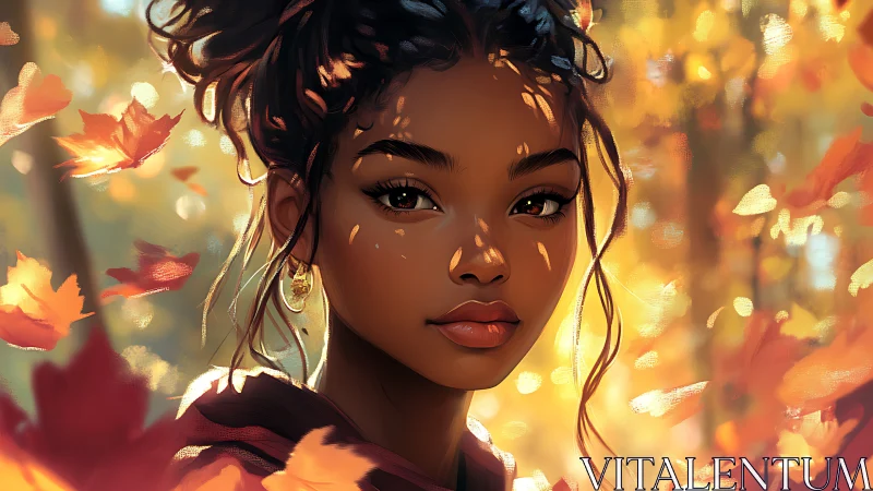 Autumn forest portrait of young woman in dappled warm light