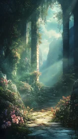 Overgrown architectural passage: luminous canyon with cascading vegetation