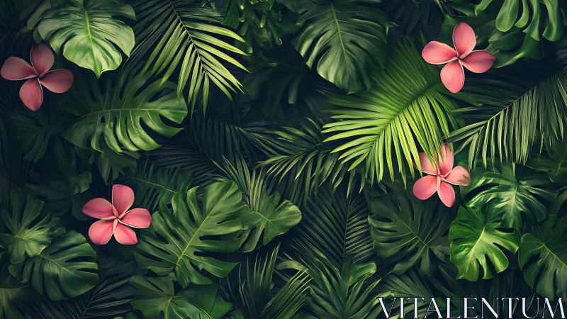 Tropical leaves and pink blooms in a lush jungle embrace.