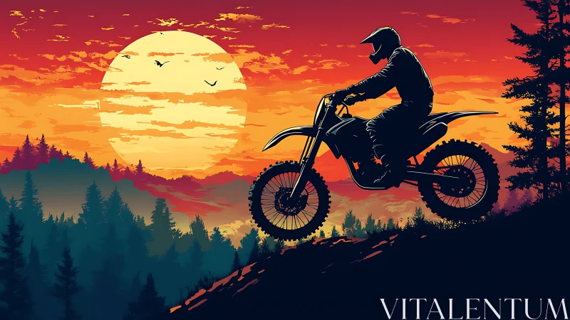 Sun-chasing dirt biker climbs a wildfire-colored horizon trail.