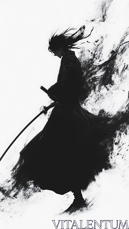 Silhouetted samurai with katana in sweeping ink motion.