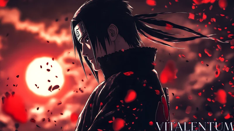 Silhouetted shinobi figure before red sun with petals.