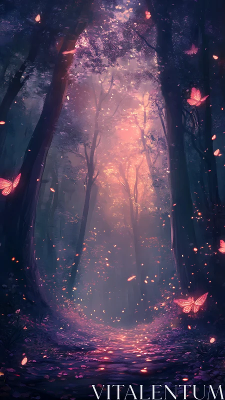 Enchanted Forest Path: Bioluminescent Butterflies Through Mystical Trees