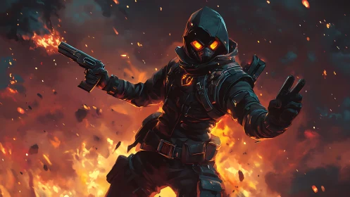 Hooded armored gunman stands before exploding fiery backdrop