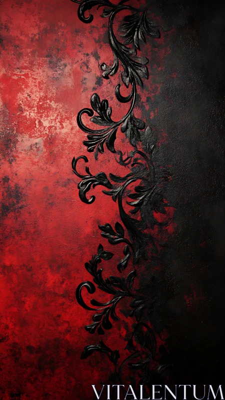 Baroque black floral scrollwork on distressed red field.