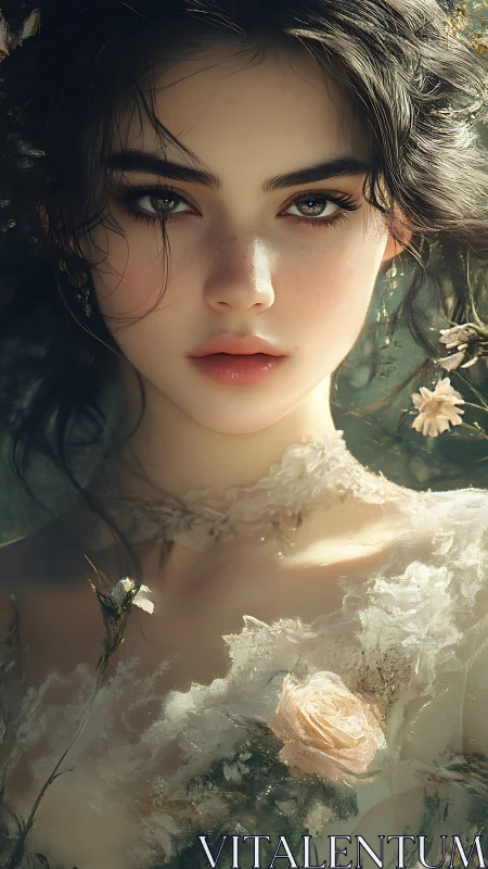 Soft wildflower muse in a dreamlit woodland portrait.