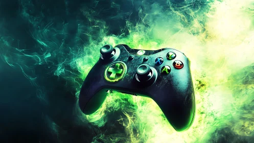 Gaming Controller with Neon Luminescence and Volumetric Light Particle Effects