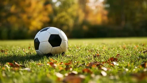 Soccer ball rests on autumn grass in warm golden light.