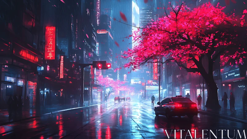 Neon city avenue glows under rain and vivid cherry trees