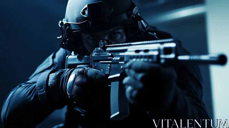 Tactical operator aims rifle in low-key cinematic blue lighting