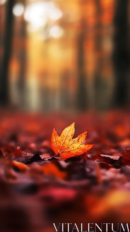 Single maple leaf rests on forest floor in shallow focus