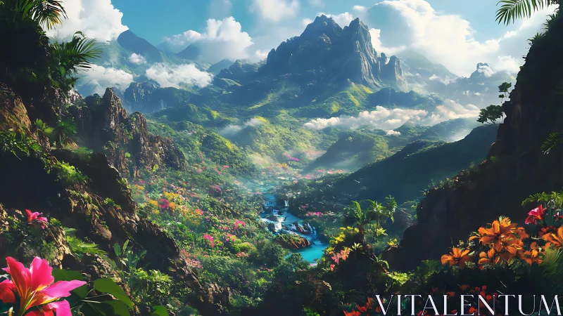 Lush tropical valley and river leading toward misty peaks.