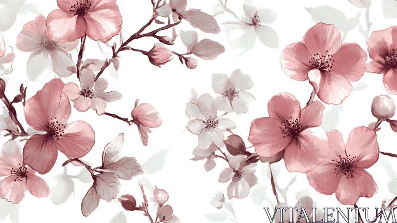 Botanical Watercolor Study: Pink and White Cherry Blossoms.