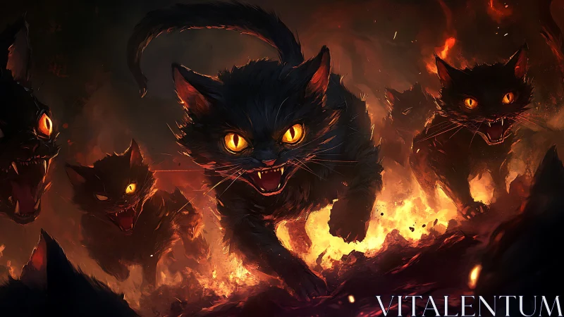 Hellfire felines storm through embers with blazing eyes.