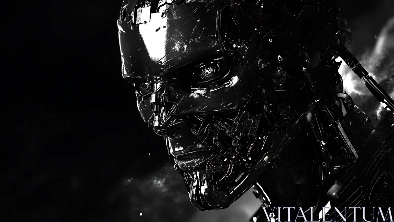 Chrome-shadowed cyborg face studying the distant darkness.