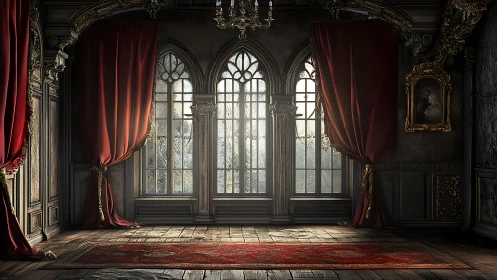 Baroque salon interior captures dramatic window light and decay