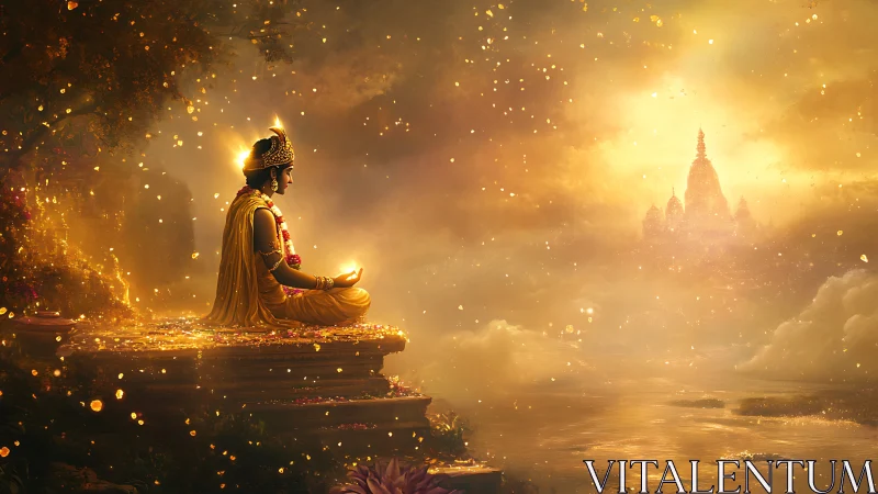 Golden mystic meditates by river of light toward distant temple.