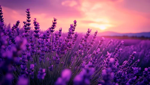 Lavender sunset glow over peaceful purple flower fields.