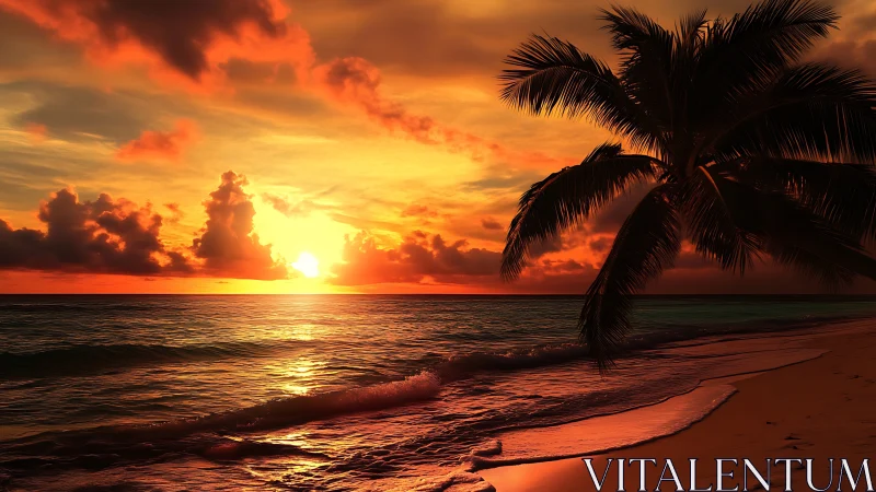 Tropical palm beach sunset glows over calm reflective sea