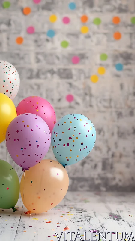 Colorful Polka Dot Balloons with Confetti on Brick