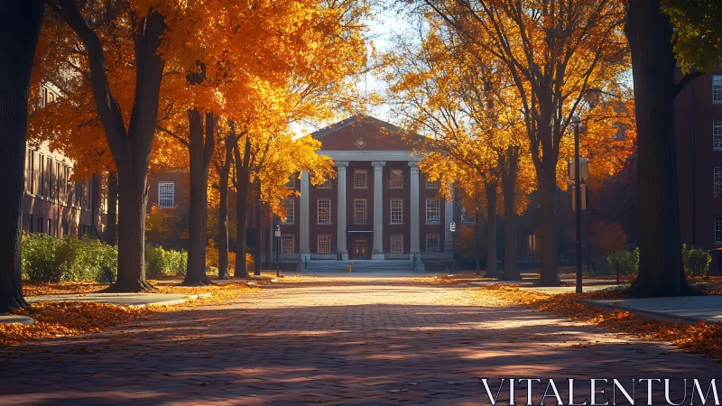 Brick campus hall framed by autumn trees at sunrise.