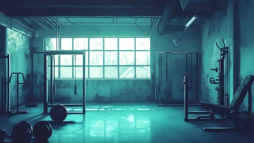 Quiet morning gym bathed in soft teal workout light.