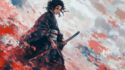 Battle-worn samurai strides through abstract red storm field.