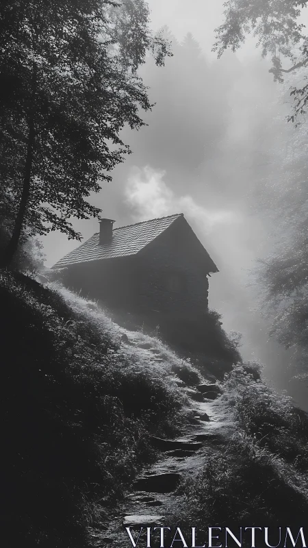 Fog-draped forest cabin with stone path in high contrast grayscale