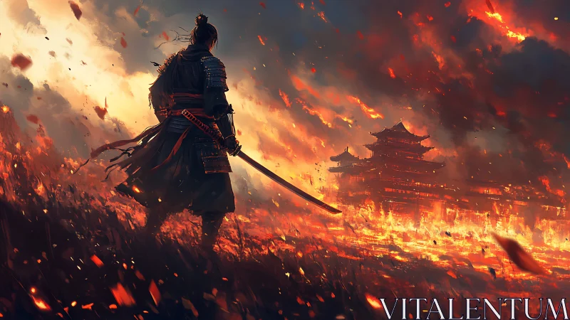 Samurai stands before burning fortress under dense firestorm